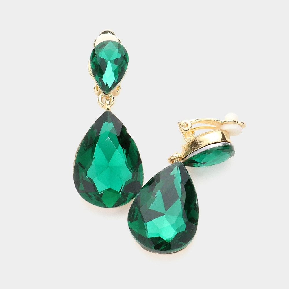 Green Dangle Crystal ClipOn Earrings 1.75 Inches Cute Teardrop Statement Jewelry